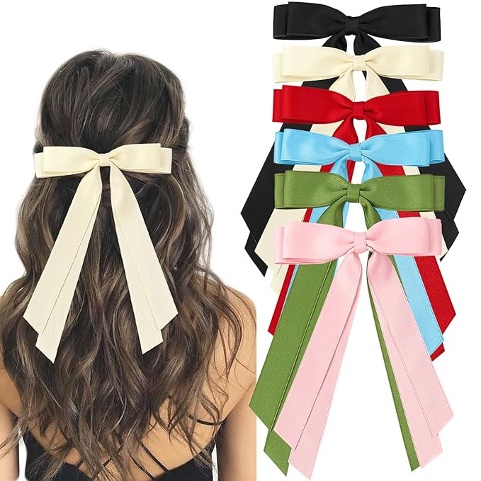 6PCS Ribbon Bows knot Hair Clips for Women Girls, Silky Satin Tassel Barrettes With Long Tail, Cu... | Amazon (US)