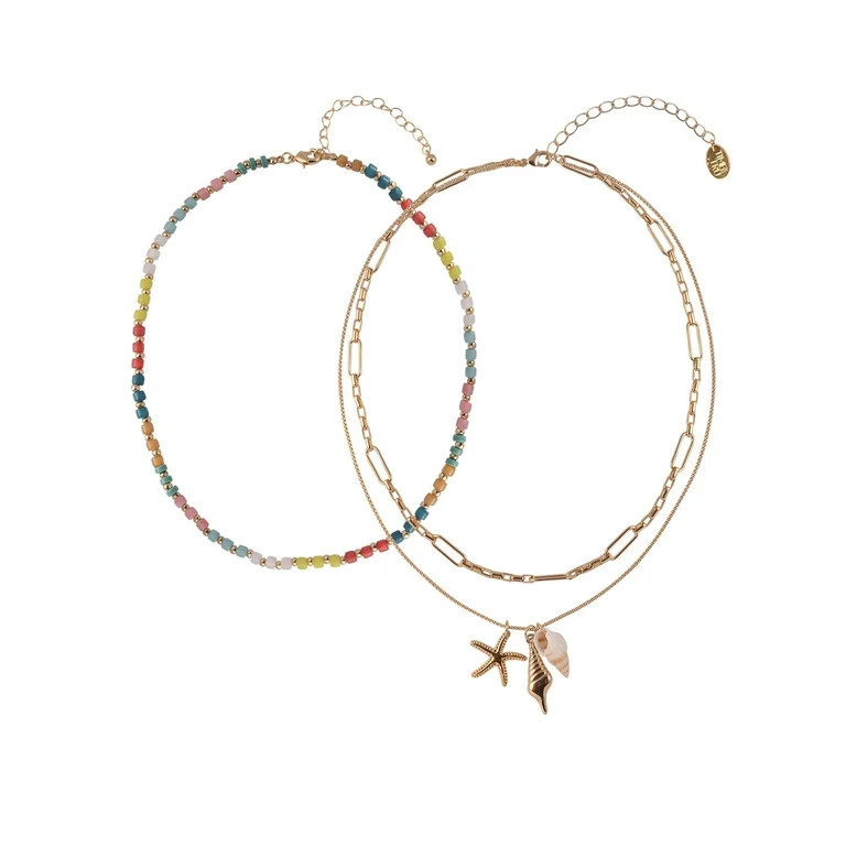 Time and Tru Adult Female Gold-Tone Metal Sea Motif Charms, Oval Cable Chain, and Multi Bead 2pc ... | Walmart (US)