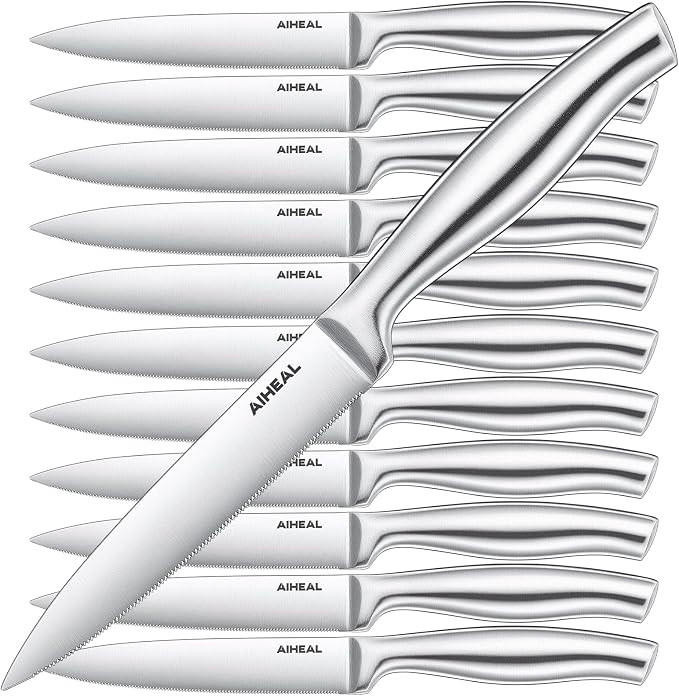 Steak Knives, Stainless Steel Steak Knives Set of 12, Never Needs Sharpening Dinner Steak Knife S... | Amazon (US)