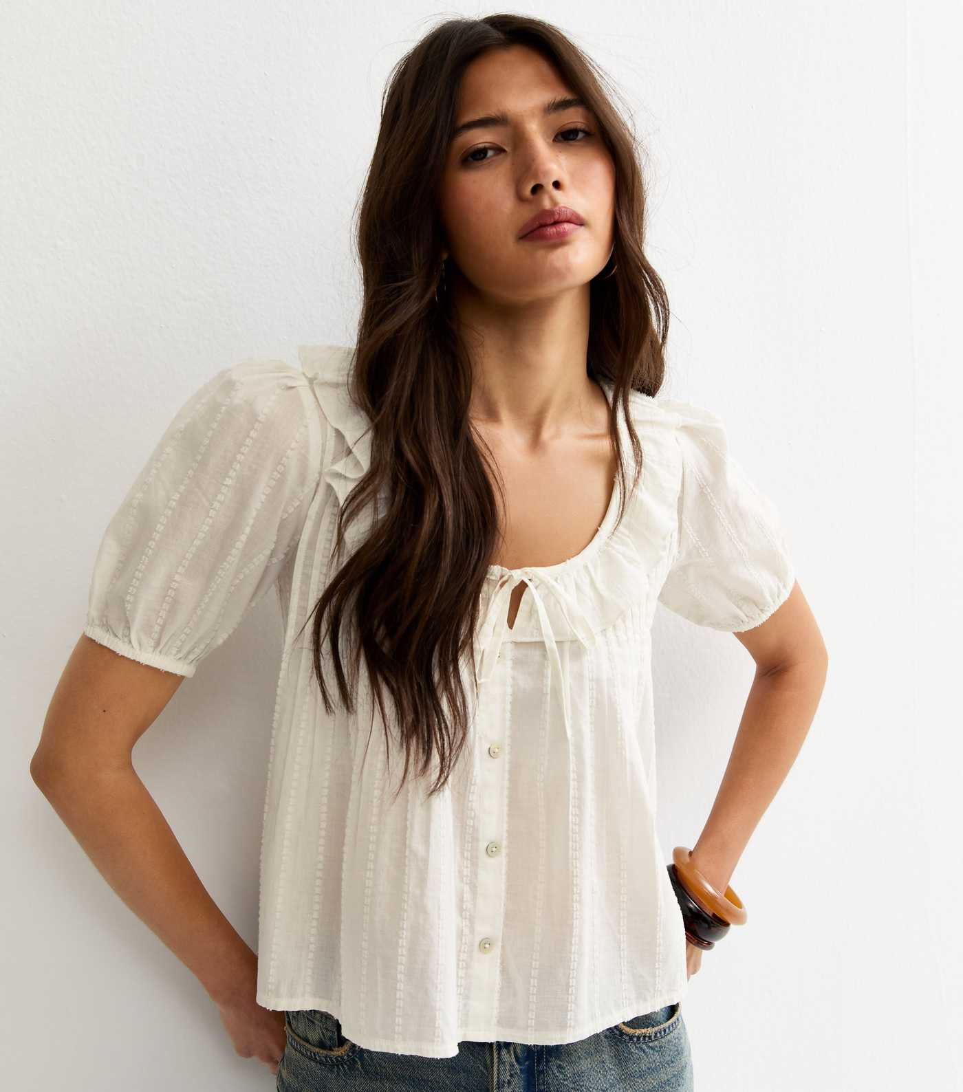 White Dobby Stripe Tie Bow Blouse | New Look | New Look (UK)