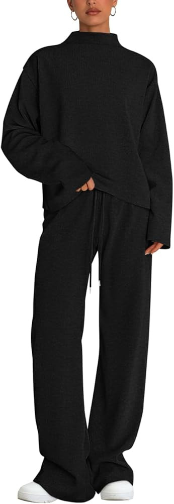 PRETTYGARDEN Two Piece Sets for Women Fall Sweatsuit Long Sleeve Knit Mock Neck Tops Wide Leg Pan... | Amazon (US)