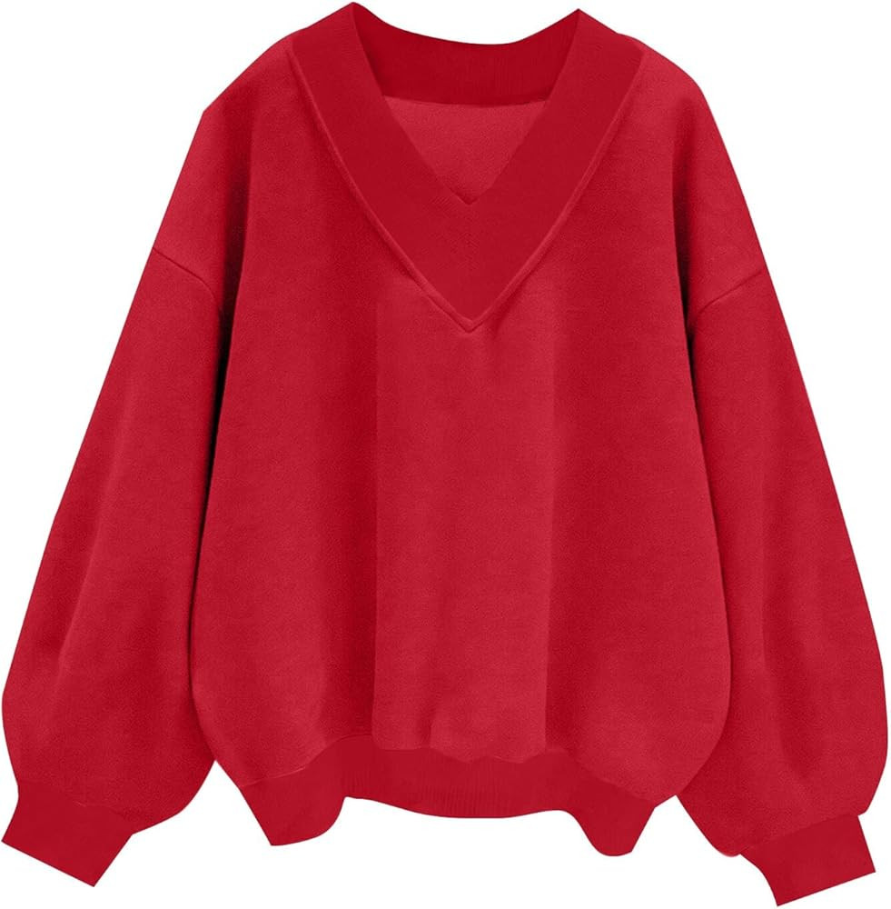 Remidoo Oversized Sweatshirt for Women V Neck Sweatshirts Casual Fleece Long Sleeve Pullover Top | Amazon (US)