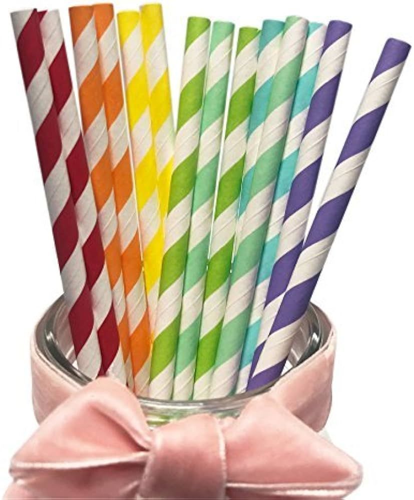 Colorful Paper Drinking Straws, Assorted 7 Colors Rainbow Striped Paper Straws for Christmas, Par... | Amazon (US)