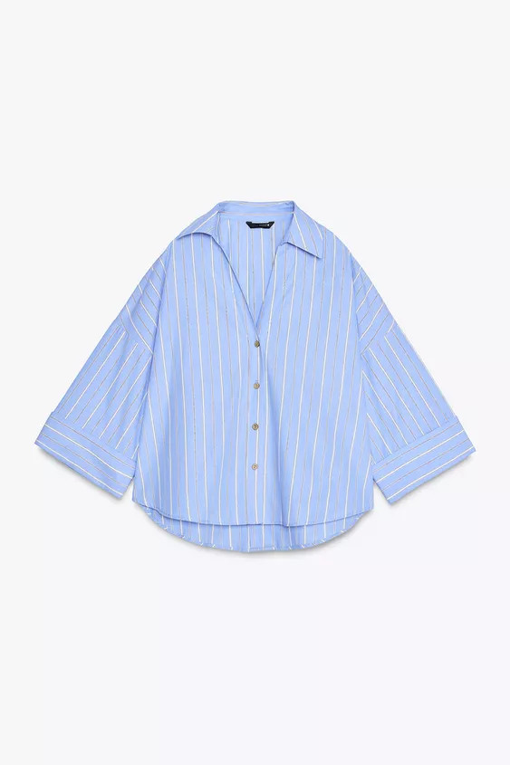 STRIPED SHIRT WITH WIDE SLEEVES AND METALLIC THREAD | Zara UK
