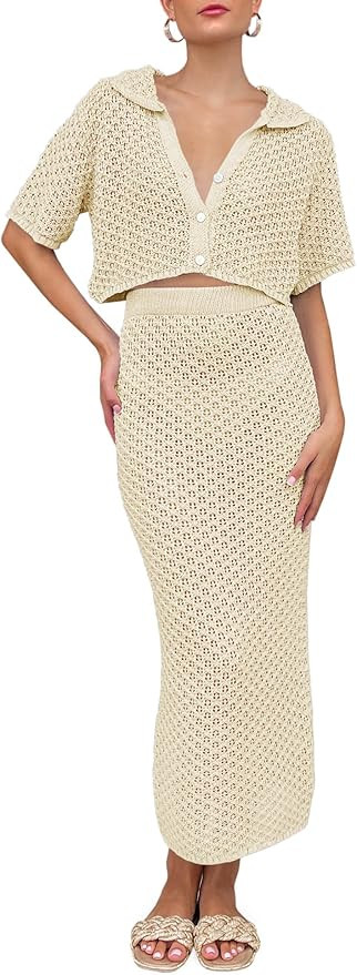 Saodimallsu Women Crochet Beach Cover Up Set Knit Crop Button Short Sleeve Collar Top Bodycon Lon... | Amazon (US)