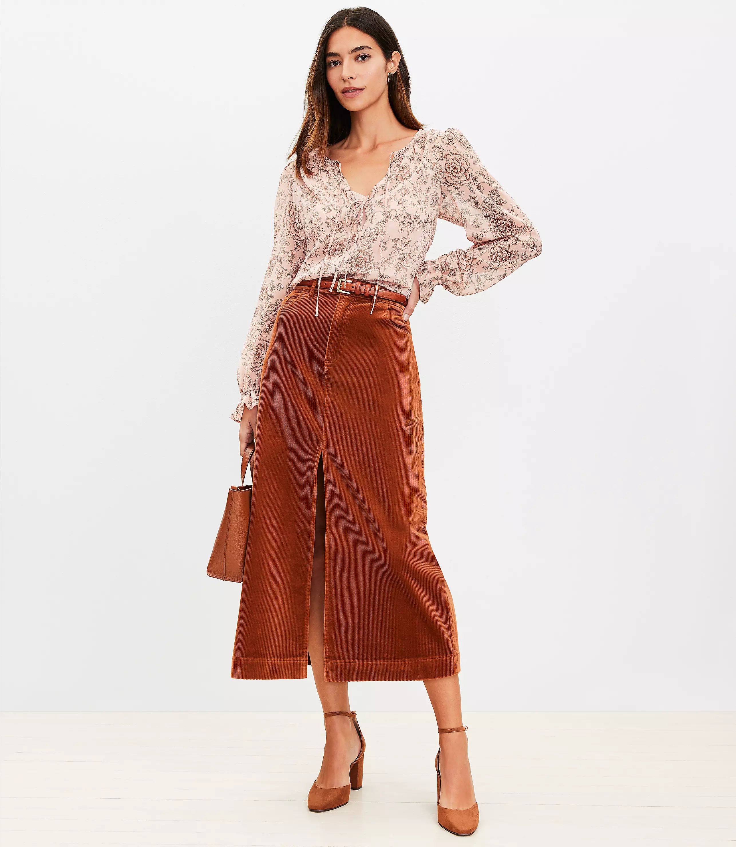 Corduroy Front Slit Midi Skirt | LOFT