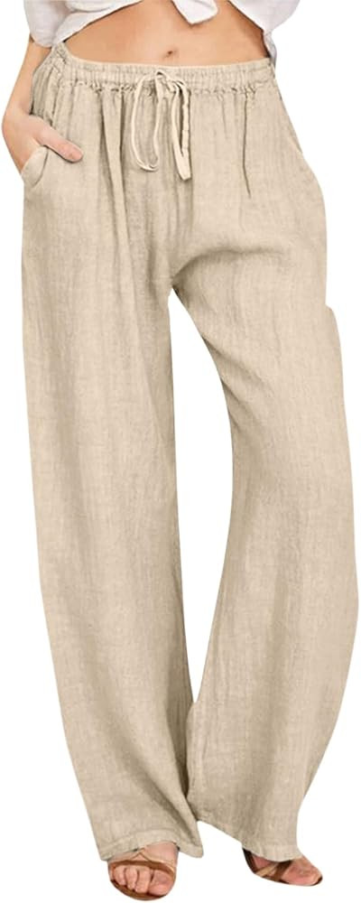 YOCUR Women Wide Leg Flowy Drawstring Palazzo Linen Pants Beach Casual Elastic High Waisted Loose... | Amazon (US)