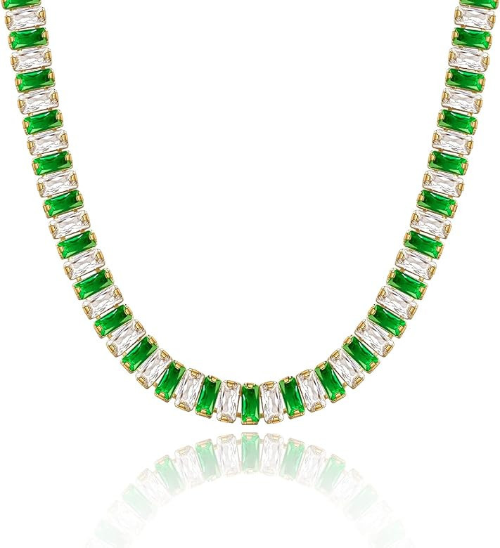 KissYan Diamond Tennis Necklace for Women, 14K/White Gold Plated Cubic Zirconia Baguette Tennis C... | Amazon (US)