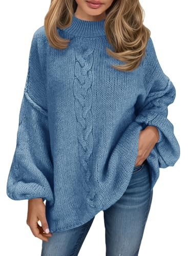 Saodimallsu Womens Oversized Cable Knit Sweater Chunky Mock Neck Long Lantern Sleeve Fall Trendy Tunic Sweaters Top Blue | Amazon (US)