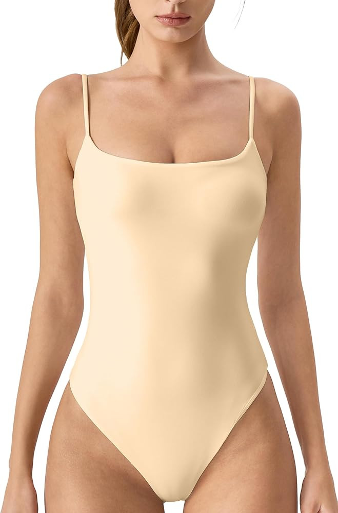 QINSEN Women‘s Spaghetti Strap Bodysuit Top Square Neck Sleeveless Double Lined Cami Shirts | Amazon (US)