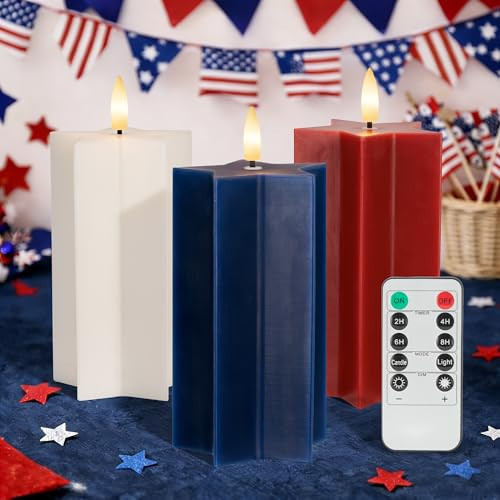 4th of July Flameless Candles with Remote, Red White and Blue Patriotic LED Candles, Battery Operated Star Shaped Decorative Candles for Independence Day Home Party Decor, Set of 3 | Amazon (US)