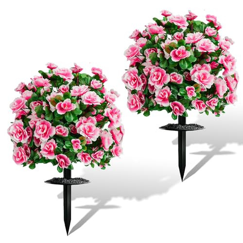 AZXVT Artificial Flowers for Outdoors, Faux Outdoor Plants Fake Plants Topiary Balls Artificial Outdoor Set of 2 with Ground Spike for Home Front Porch Patio Garden Decor (Pink) | Amazon (US)