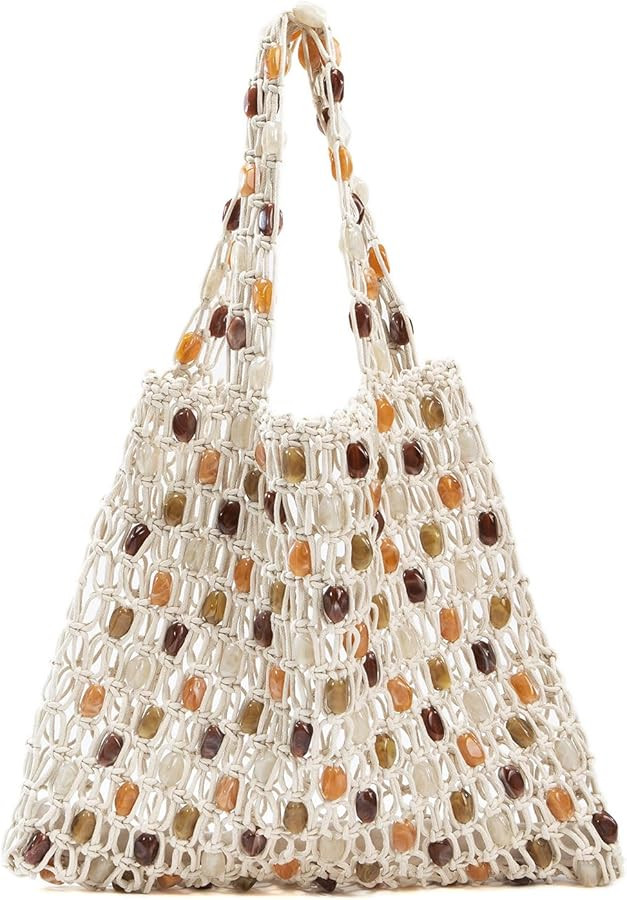 Boho Crochet Shoulder Bag for Women, Colorful Beaded Beach Tote Handbag Lightweight Summer Knit H... | Amazon (US)