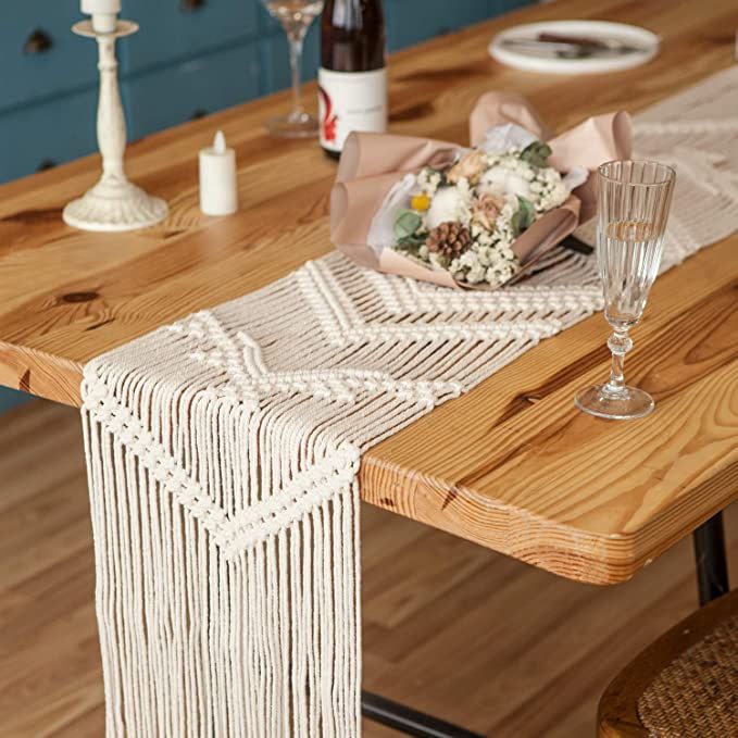 Mkono 80 Inches Macrame Table Runner Woven Wedding Table Decor Handmade Boho Linen with Tassels V... | Amazon (US)