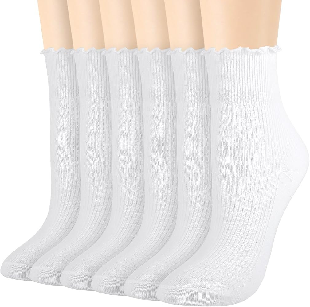 6 Pairs Womens Ruffle Socks, Cute Frilly Crew Sock | Amazon (US)