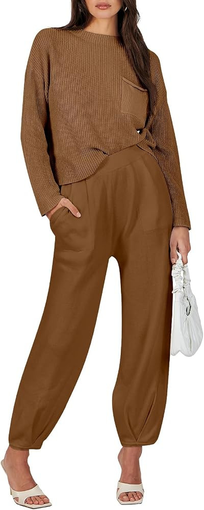 ANRABESS Women's Two Piece Outfits Long Sleeve Knit Top Fall Sweater Set Oversized Pants Tracksui... | Amazon (US)