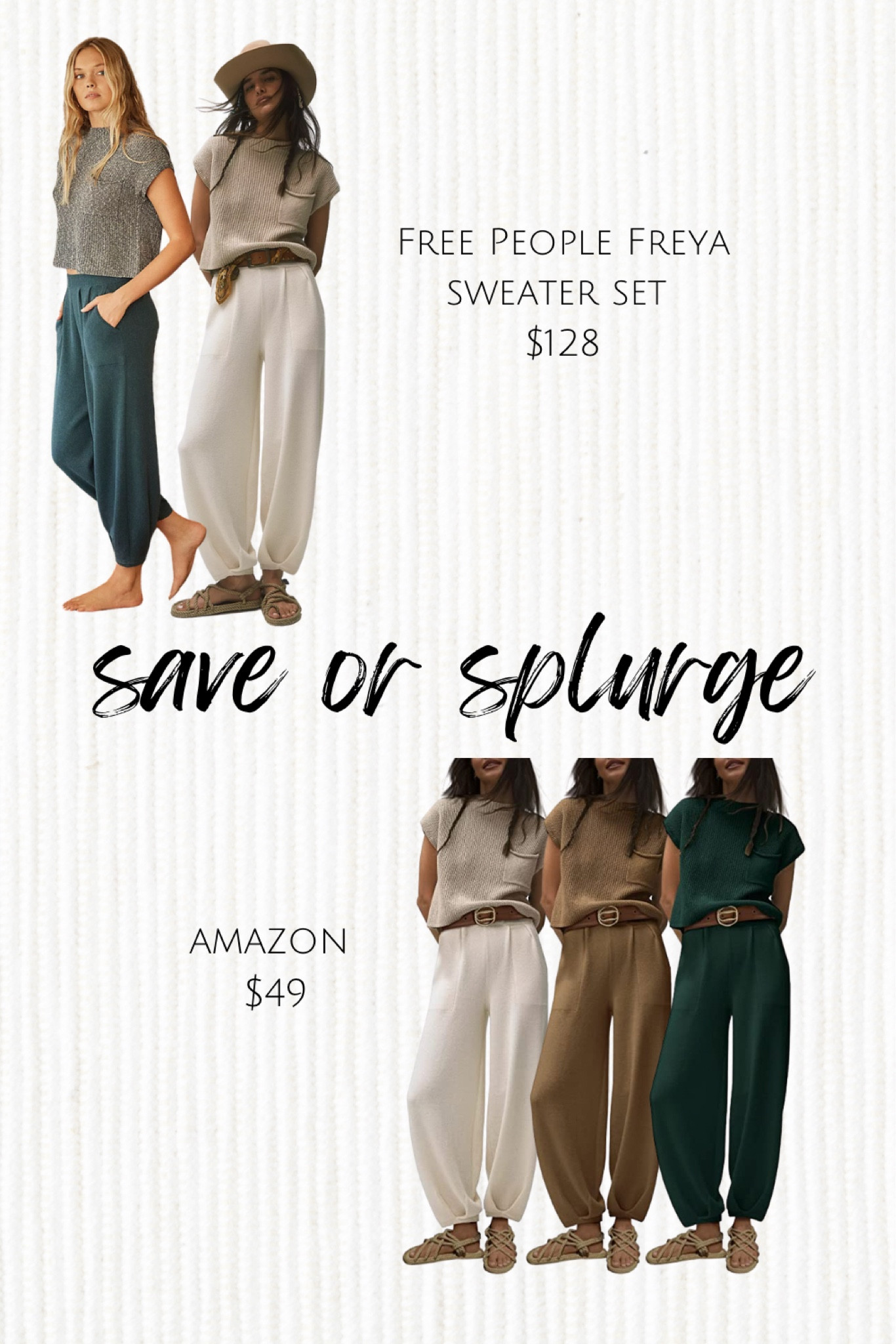  Free People Dupe, Save or Splurge, two piece sets, lounge sets, vanilla girl, boho look, Amazon dupe, Amazon finds, chic, sweater set

#LTKFind #LTKtravel #LTKsalealert