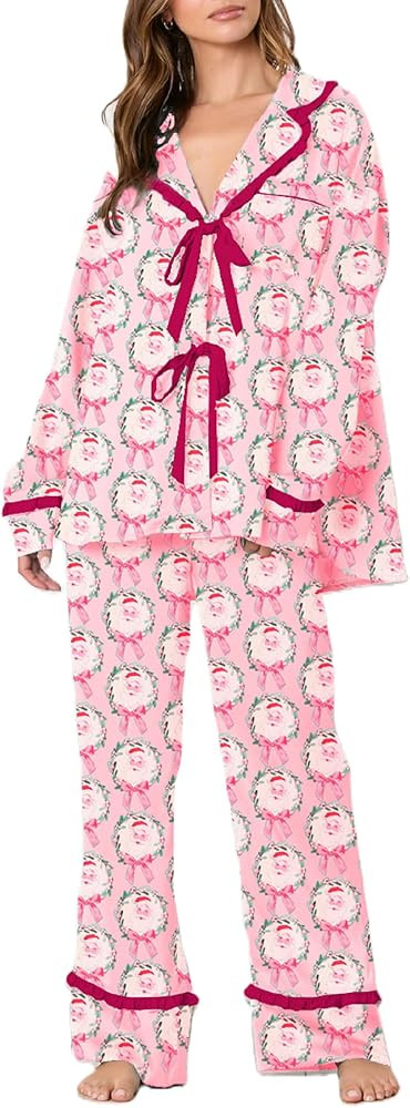 Faretumiya Women 2 Piece Christmas Pajamas Set Bow Tie Long Sleeve Button Shirts Wide Leg Pants C... | Amazon (US)