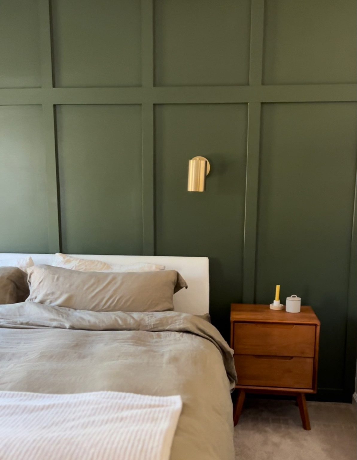 Our bedroom feels so peaceful 🕊️ the sconces are not wired — we used battery operated puck lights from Amazon. Best hack 👏🏻