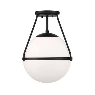 Savoy House 13 in. W x 17.25 in. H 1-Light Matte Black Semi-Flush Mount Ceiling Light with Opal G... | The Home Depot