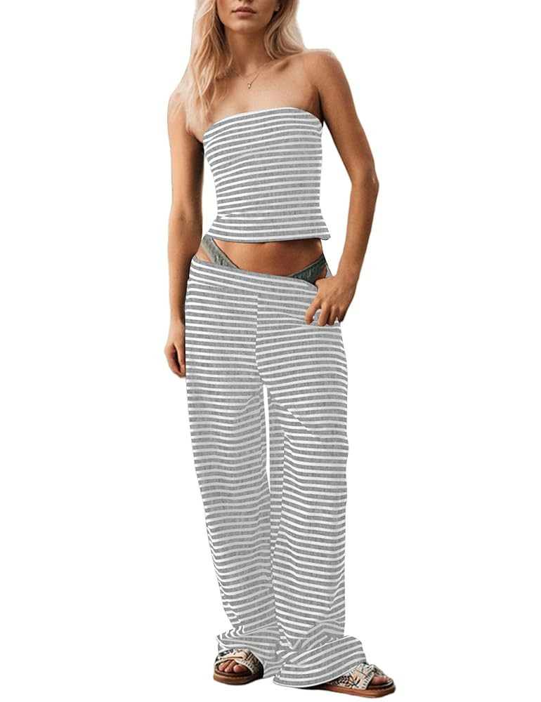 MISSACTIVER Women Two Piece Sets Striped Matching Outfits Strapless Crop Tube Top and Elastic Wai... | Amazon (US)
