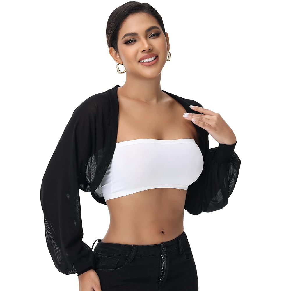 Women’s Sheer Bolero Shrug for Dresses Mesh Tulle Shrug Formal Cover Ups Sheer Shawl Long Puff ... | Amazon (US)