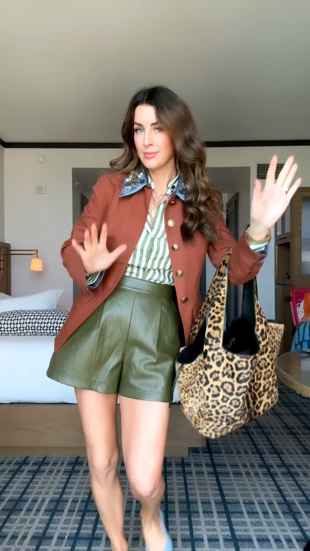 Wearing all my favorite things! Veronica Beard jackets just don’t miss—and the interchangeable collars are genius. I’m in my usual size small (I’m a 6 up top). I love this mix of fall colors paired with a beautiful Lewellyn button-down, a brand started by my dear friend, wearing a small, and these new Hunter Bell faux leather shorts in a size 4.

#LTKCon #LTKootd #LTKOver40