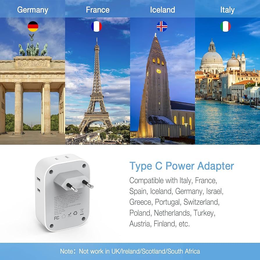 2 Pack European Travel Plug Adapter USB C, TESSAN US to Europe Plug Adapter with 4 Outlets 3 USB ... | Amazon (US)