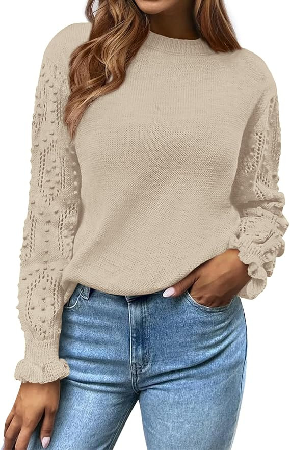 BTFBM Hollow Out Sweaters for Women, 2026 Trendy Tops | Crewneck Swiss Dot Long Sleeve Sweater, C... | Amazon (US)