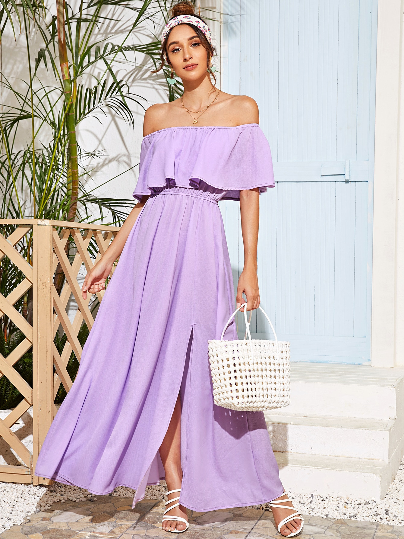 Off-shoulder Split Thigh Maxi Dress | SHEIN
