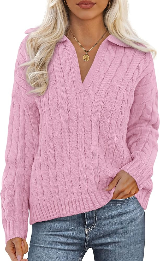 PRETTYGARDEN Fall Cable Knit Oversized Sweaters for Women 2025 Polo V Neck Long Sleeve Casual Chu... | Amazon (US)