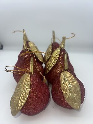6 Faux Artificial Fruit  Sugared Beaded Fall Autumn Pears Red And Gold  | eBay | eBay US