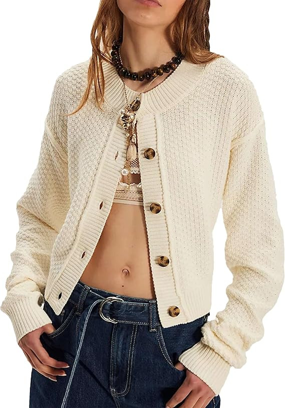 Zontroldy Womens 2025 Spring Fall Casual Cropped Cardigan Button Front Solid Color Striped Long S... | Amazon (US)