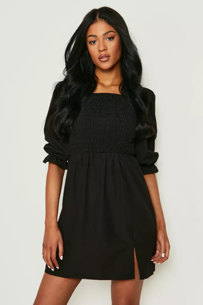 Tall Cotton Shirred Puff Sleeve Skater Dress | Boohoo.com (US & CA)