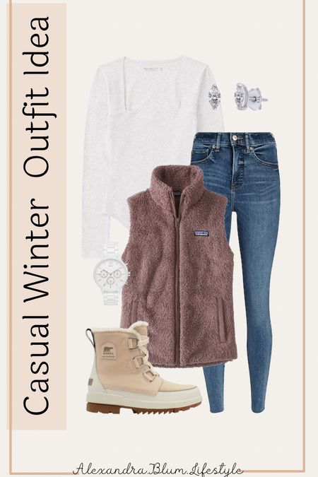 Casual Winter Outfit idea with a cute fur Patagonia vest, long sleeve bodysuit, skinny jeans, diamond earrings, white MVMT watch, and neutral winter boots! More winter outfits on my page!  

#LTKunder100 #LTKSeasonal #LTKshoecrush