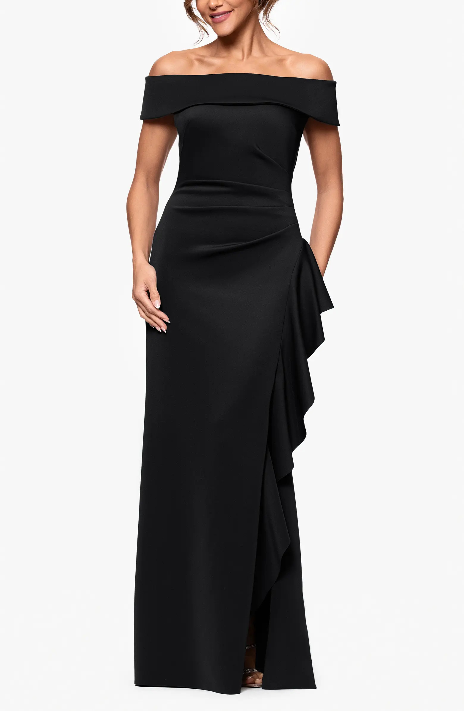 Xscape Evenings Ruffle Off the Shoulder Scuba Knit Gown | Nordstrom | Nordstrom