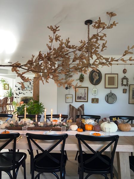 Fall tablescape is here! I love the fall colours and pumpkins I added to make the dining room feel like autumn. Fall tablescape. Tablescape. Table cloth. Table runner. Fall decor. Centrepiece. Fall centrepiece. Faux pumpkins 

#LTKhome #LTKunder100 #LTKSeasonal