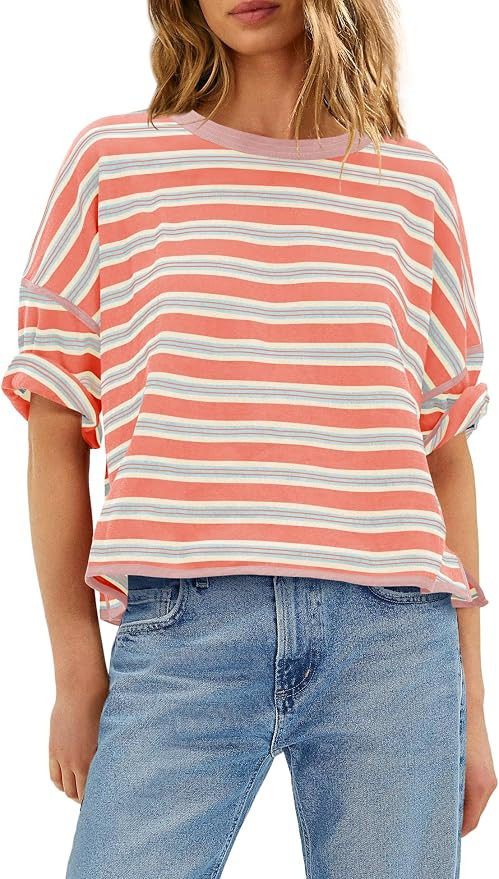 Panadila Womens Striped Shirt Short Sleeve Tops Summer Casual Oversized Tshirts Crew Neck Boxy Te... | Amazon (US)