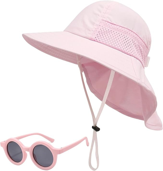 Baby Sun Hat Toddler Kids Boys Girls Wide Brim Beach Hats with Sunglasses UPF 50+ Plain Caps with... | Amazon (US)