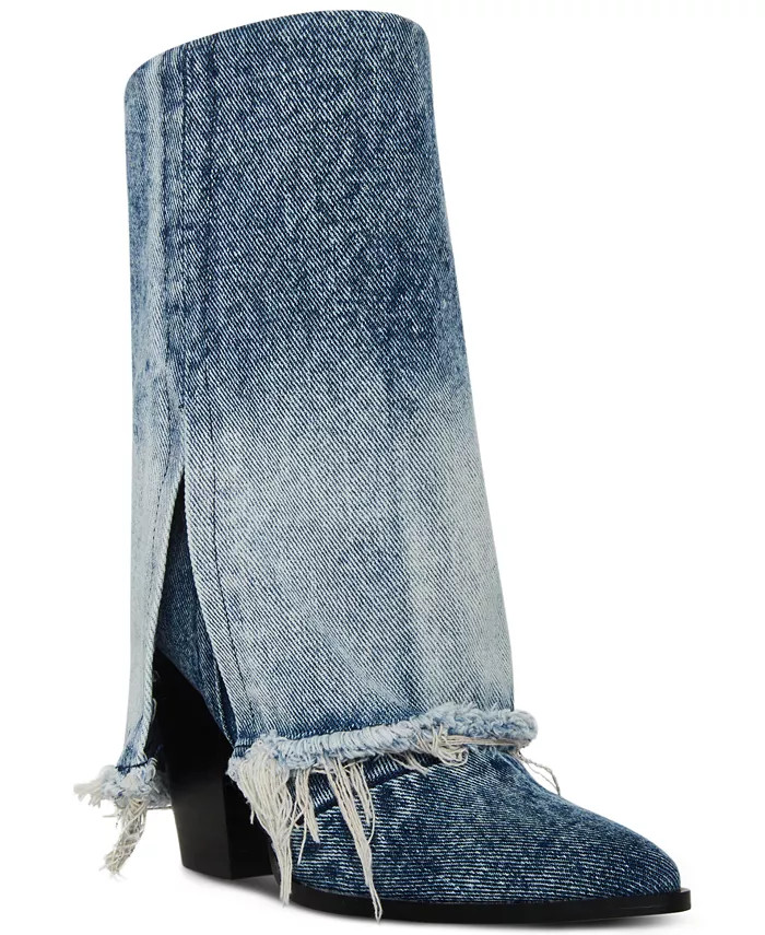 Women's Livvy Distressed Denim Fold-Over Cuffed Cowboy Boots | Macy's