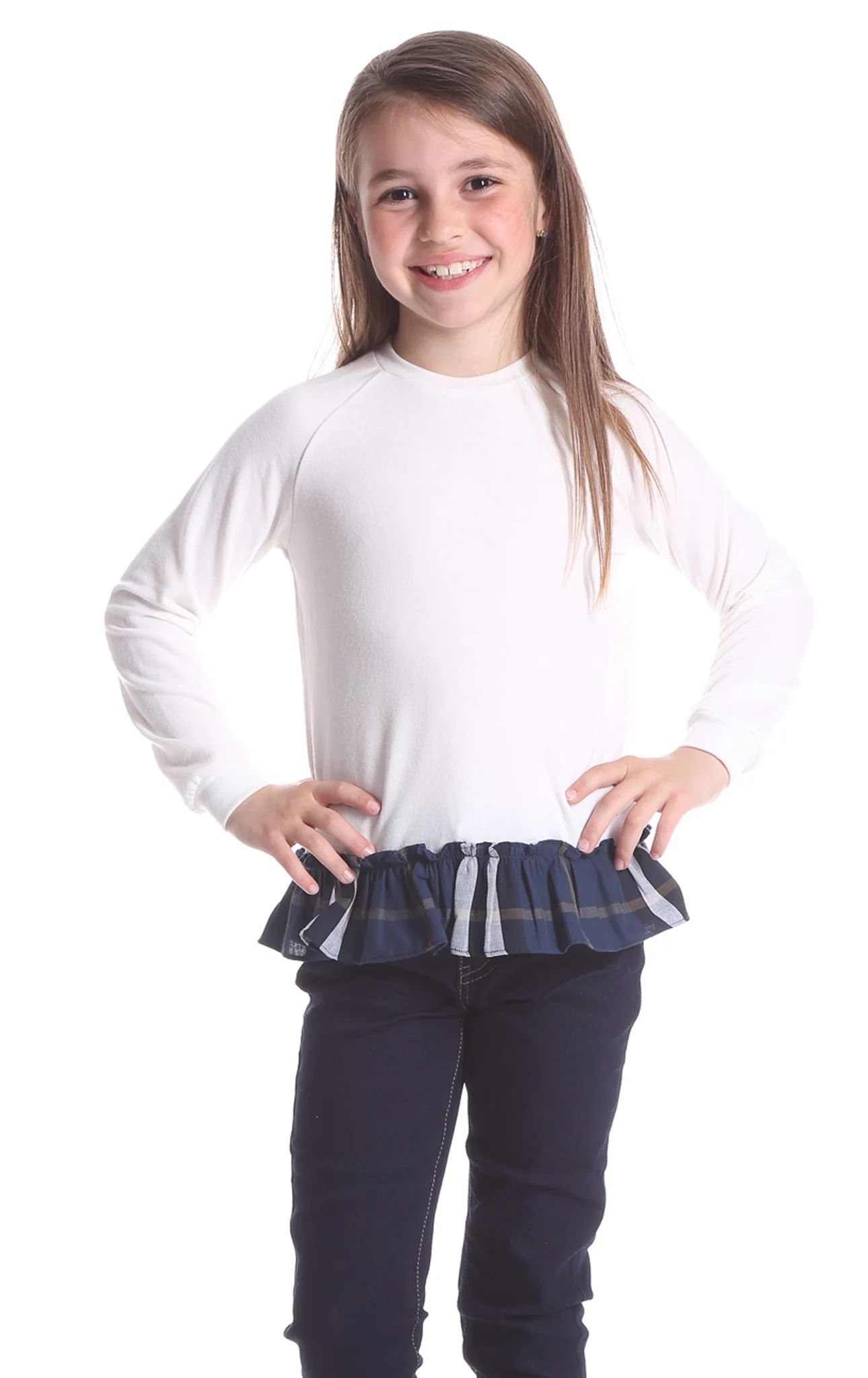 Girls Kira Sweater in White with Navy Plaid | Duffield Lane