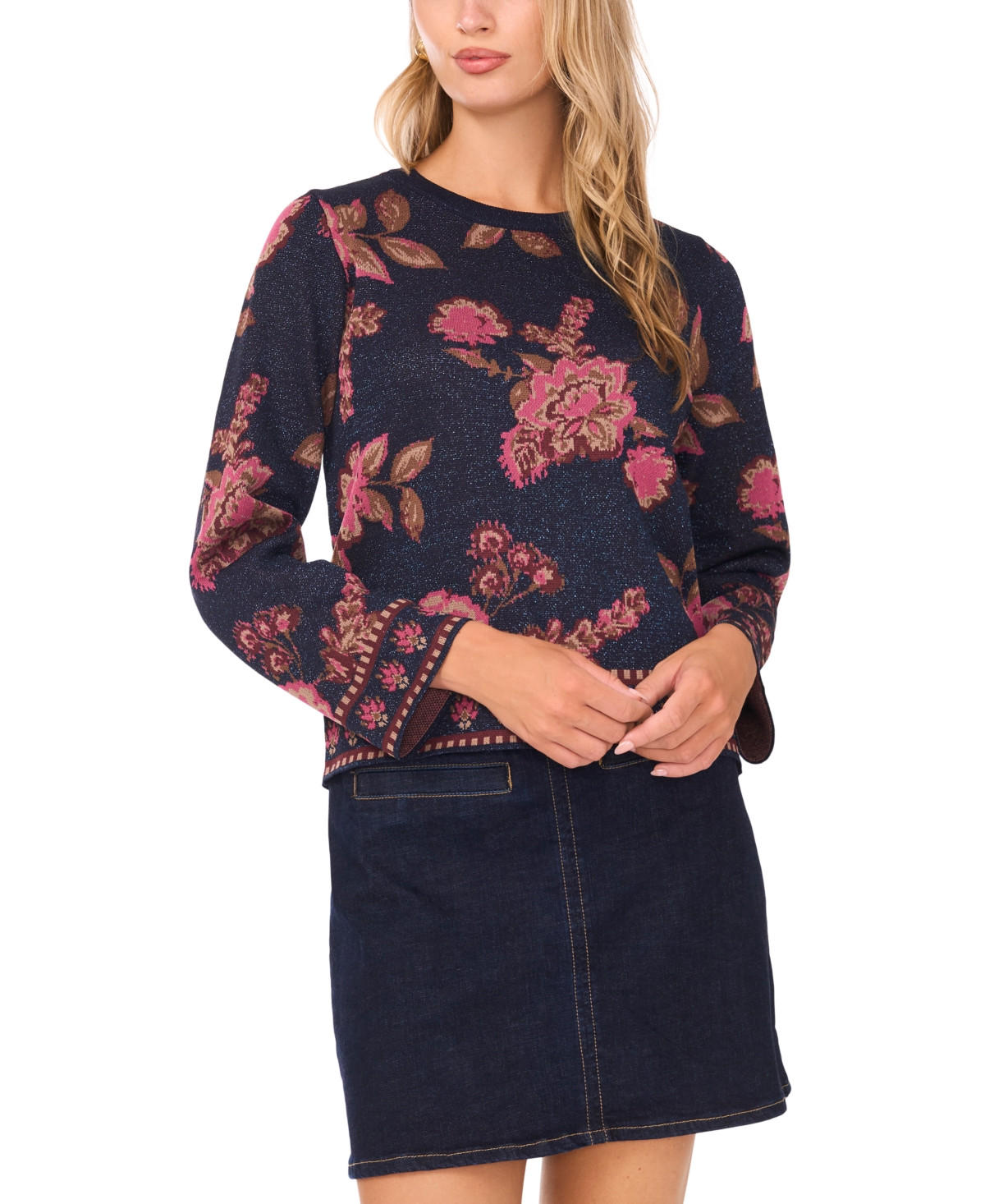 Vince Camuto Women's Floral Jacquard Crewneck Blouse - Classic Navy | Macy's
