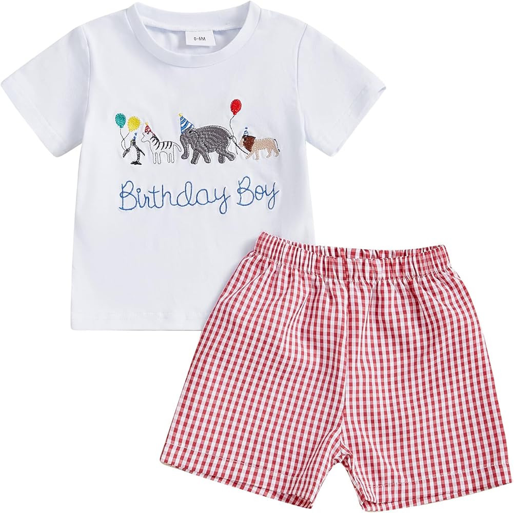Toddler Baby Boy Birthday Outfit Wild Animal Birthday Boy Embroidery T-shirt Plaid Shorts Summer ... | Amazon (US)