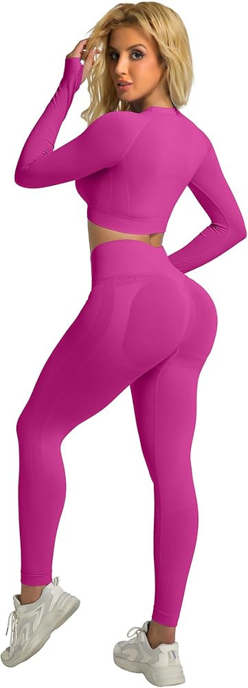 YOAKUKA 2 Piece Workout Legging Sets for Women Yoga Gym Outfit Seamless Long Sleeve Athletic Acti... | Amazon (US)