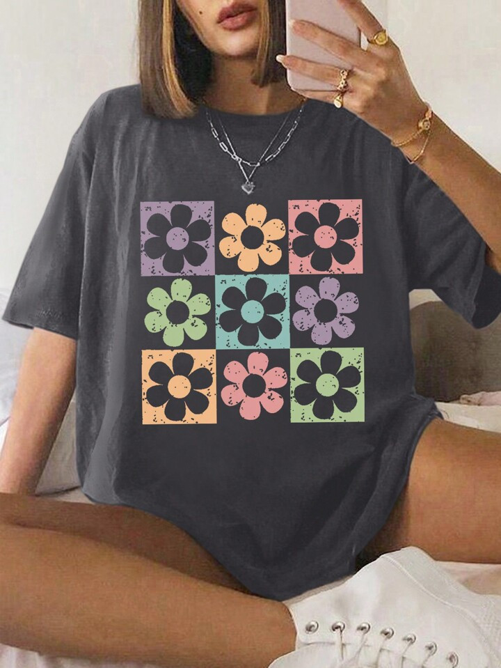 SHEIN EZwear Women Summer Floral Print Round Neck Short Sleeve Casual T-Shirt | SHEIN