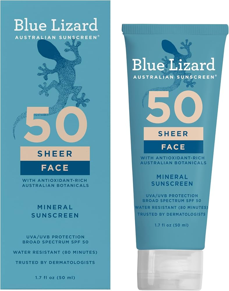 Blue Lizard Sheer Face Mineral SPF 50 Sunscreen Lotion, 100% Mineral Formula, Blue Light Protecti... | Amazon (US)