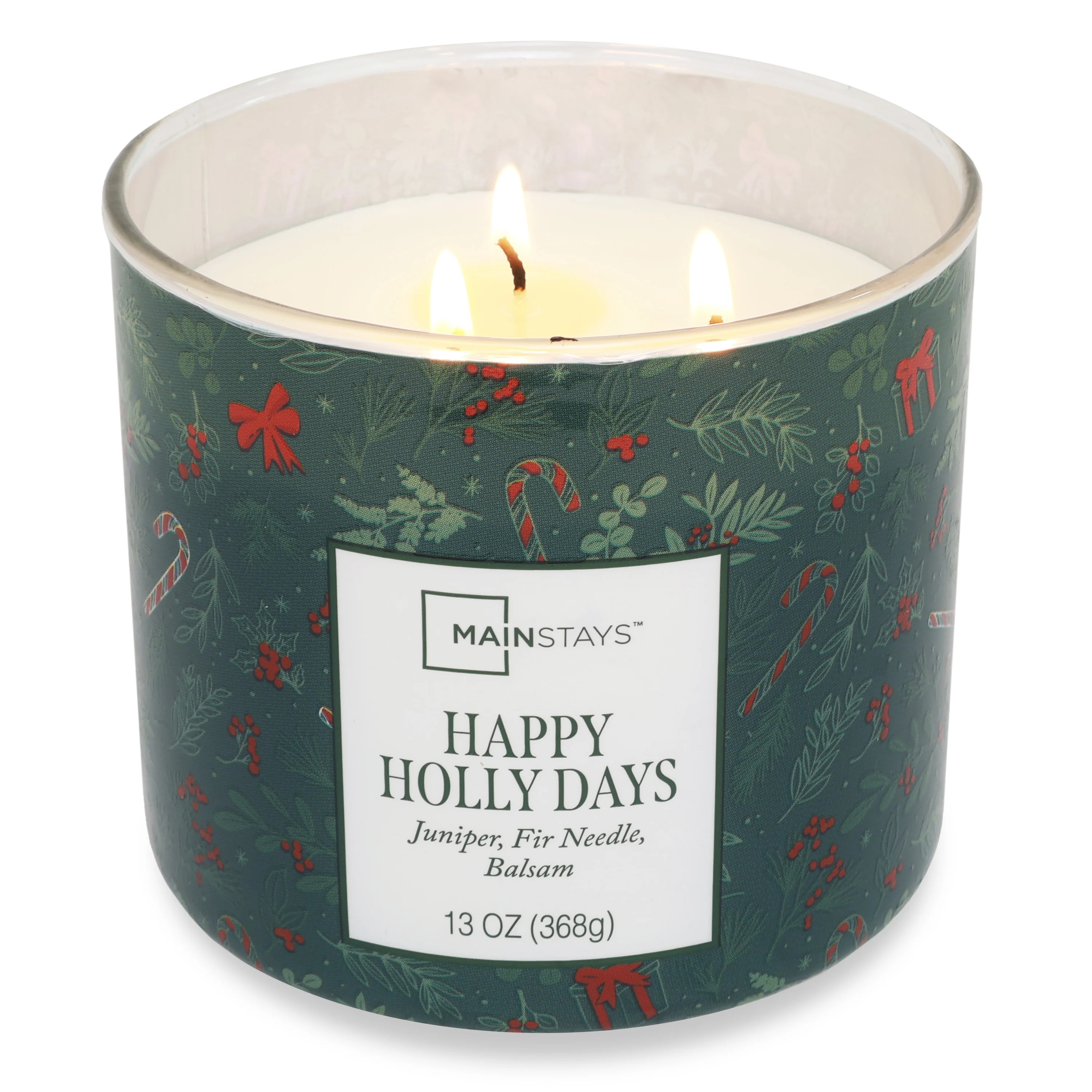 Mainstays 3-Wick Happy Holly Days Scented Candle with a Green Garland Toss Scene Wrap, 13-Ounce | Walmart (US)
