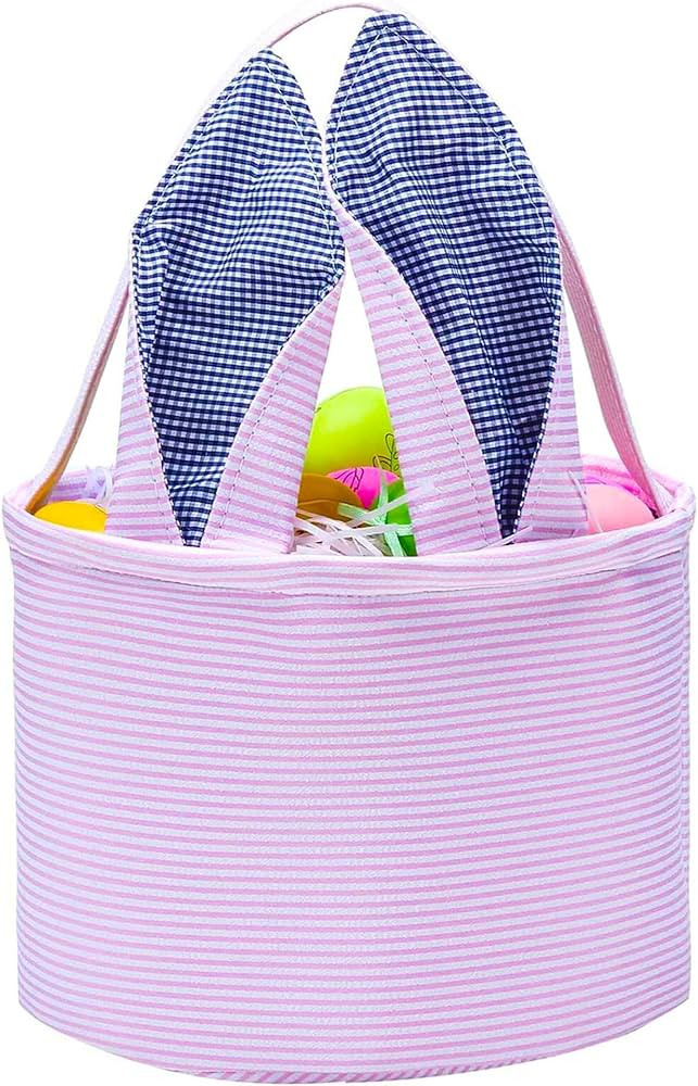 Easter Basket Seersucker Egg Hunt Bunny Baskets for Kids with Cute Rabbit Ears Stripe Storage Gif... | Amazon (US)