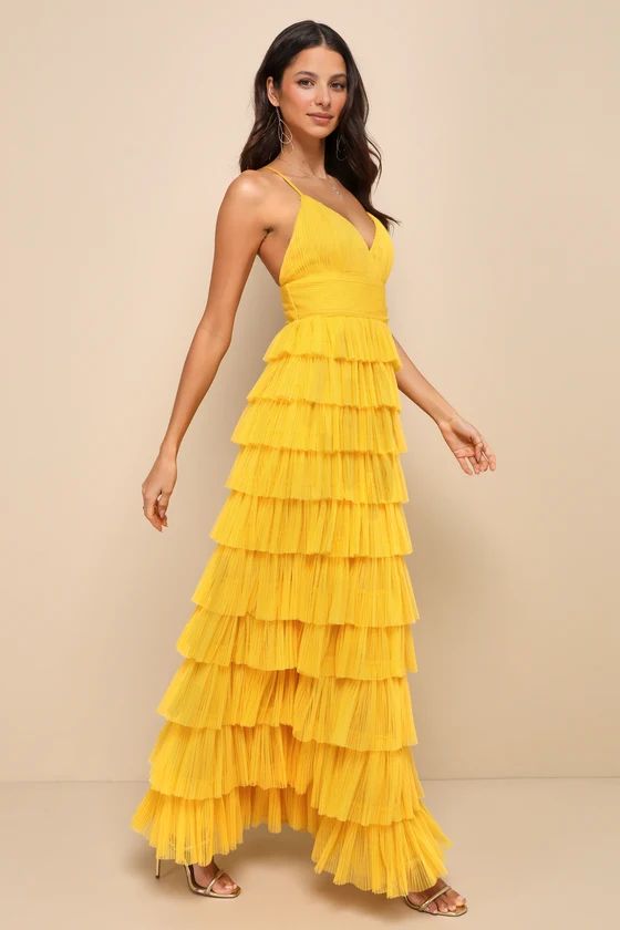Radiant Event Yellow Mesh Tiered Ruffled Backless Maxi Dress | Lulus