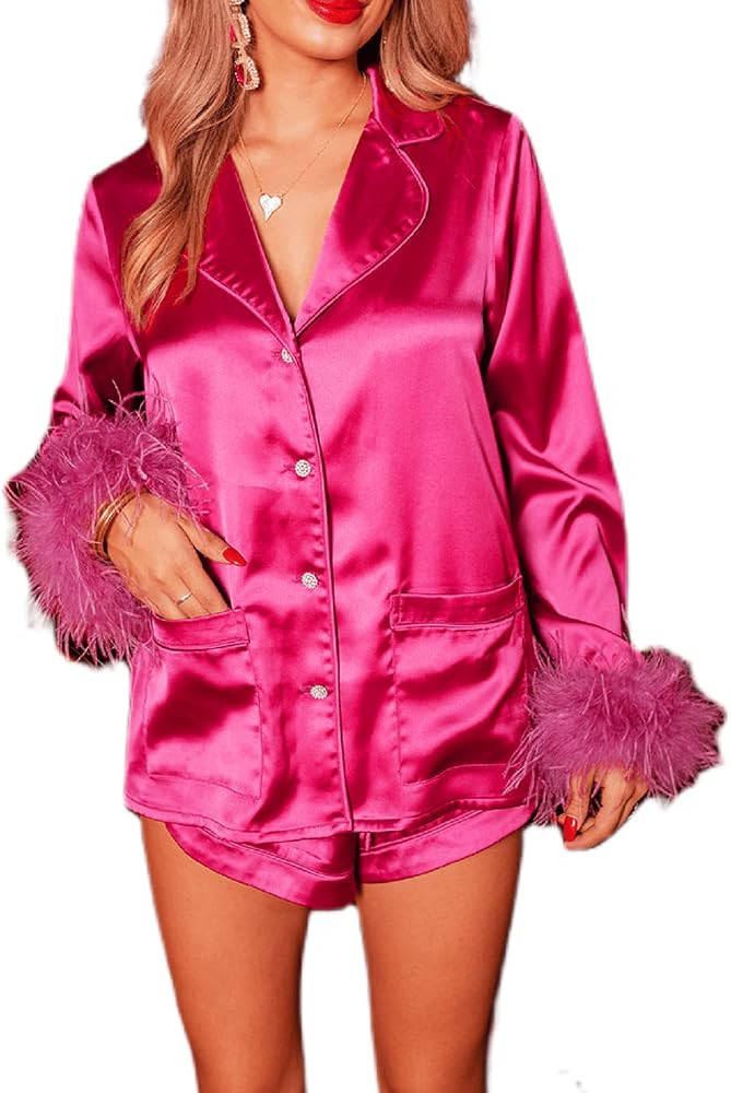 Argeousgor Women Christmas Feather Pajamas Set Xmas Long Sleeve Button Down Shirt and Shorts Sati... | Amazon (US)